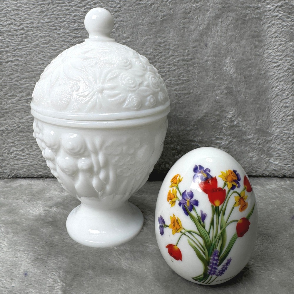 Avon Vintage Milk Glass Floral Candy Dish & 1988 Porcelain Spring Floral Egg Set